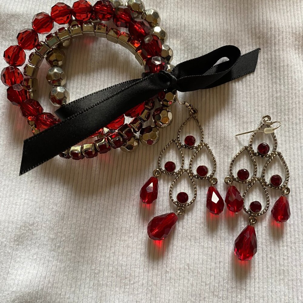 Red crystal chandelier earrings with matching bracelet set